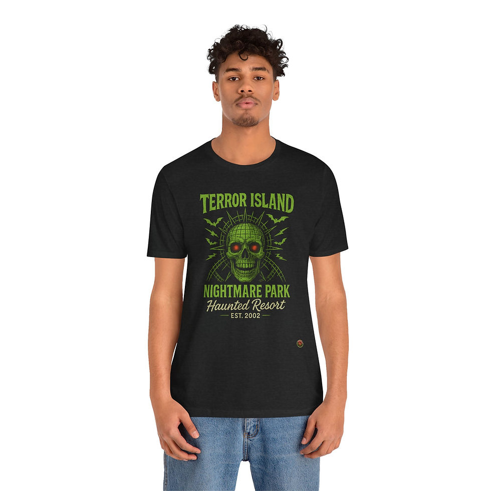 Thumbnail: Model wearing Terror Island Nightmare Park Horror Shirt – Halloween horror graphic tee.