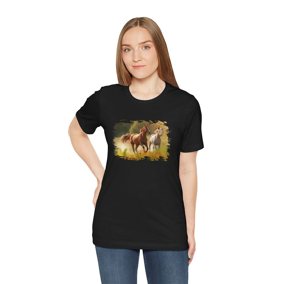 Thumbnail: Model wearing Untamed Pair Wild Horses Shirt – nature horse art.
