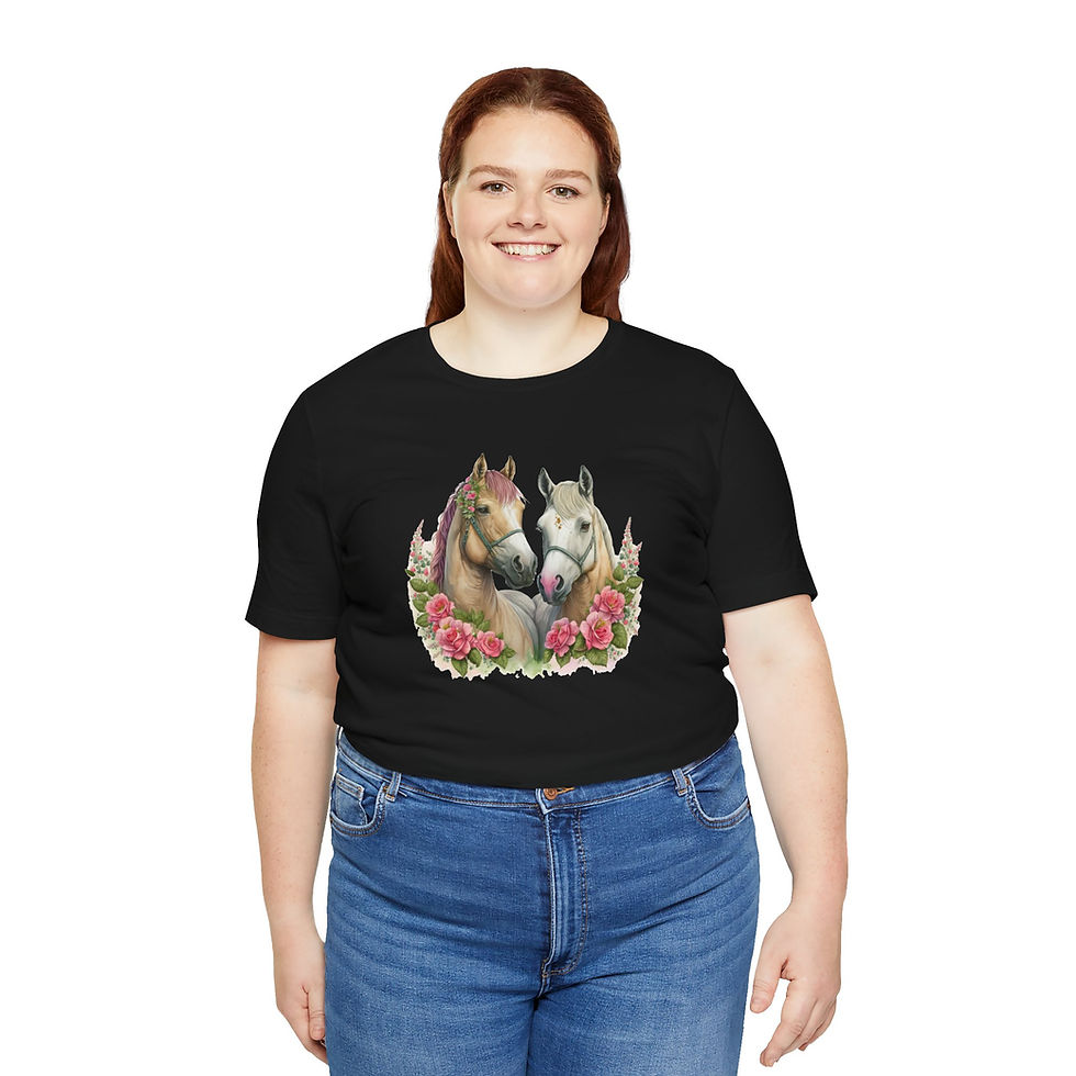 Thumbnail: Model wearing Floral Horse Pair Horse Lover Shirt – horse art shirt.