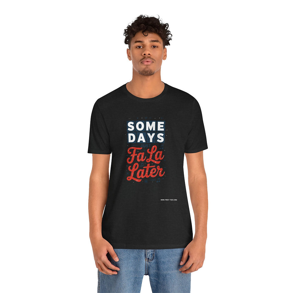 Thumbnail: Model wearing the Fa La Later Christmas t-shirt — Frost-Tees festive apparel.