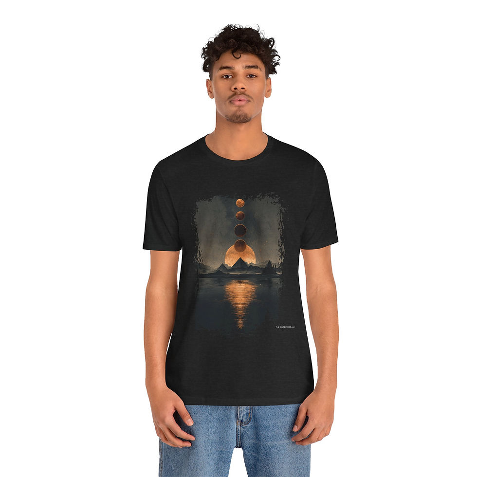 Thumbnail: Model wearing Celestial Cycles Over the Nile Alien Shirt – ancient Egypt sky cycles.
