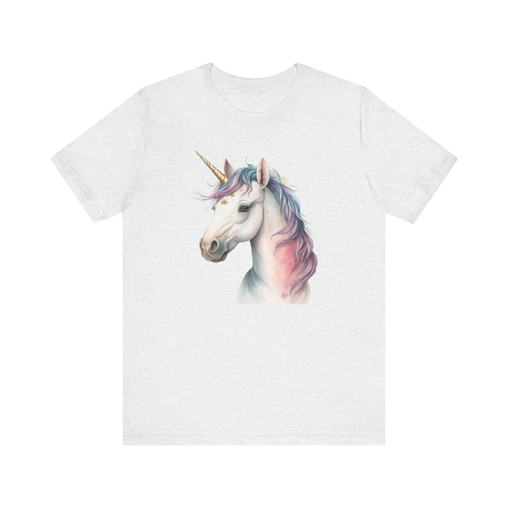 Front view of watercolor unicorn head with pastel mane.