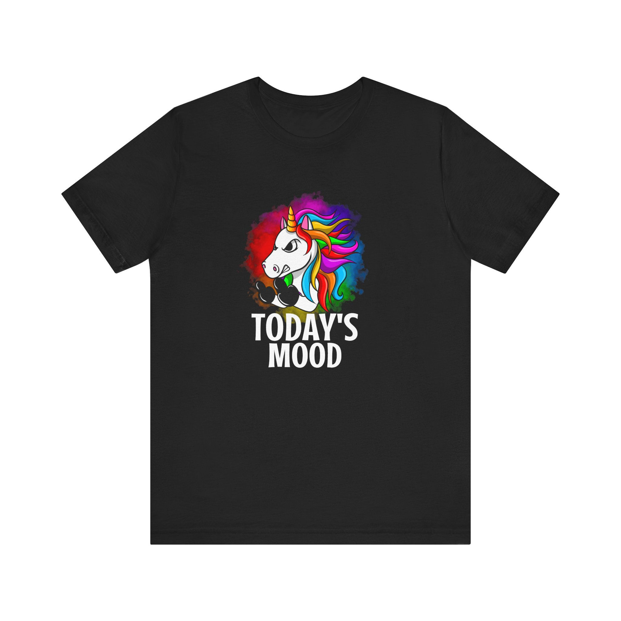 Front view of angry rainbow unicorn with “Today’s Mood” text on black shirt.