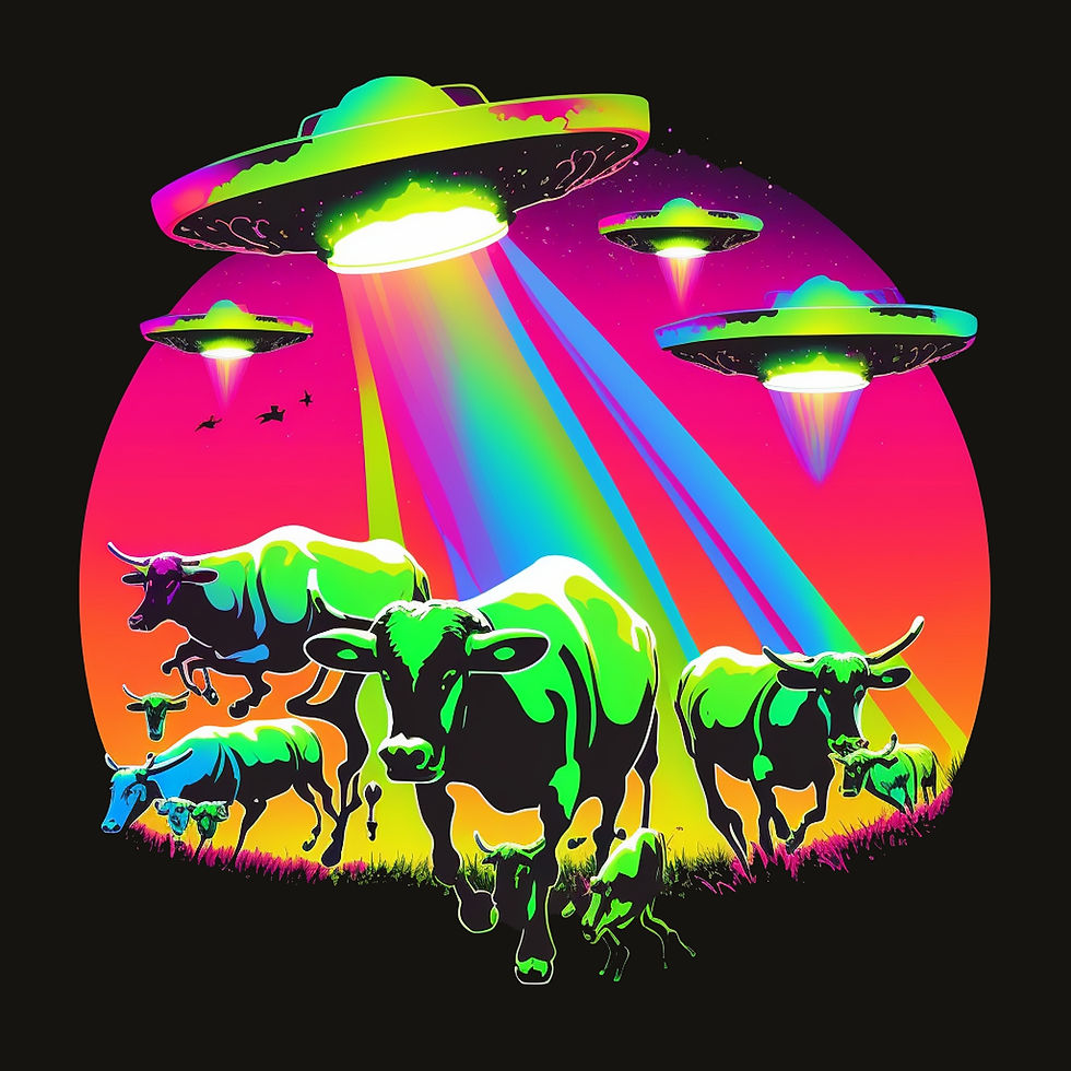 Four UFOs in a neon pink, yellow, and orange sky above five cows and five floating cow heads.