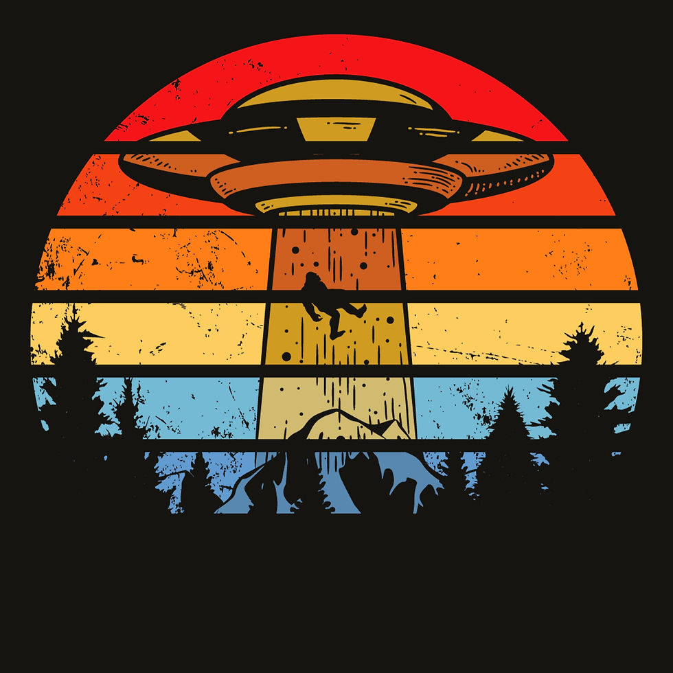 Retro sunset design with a UFO beaming up Bigfoot above a mountain and conifer forest, with the text “Bigfoot in the Beam.”