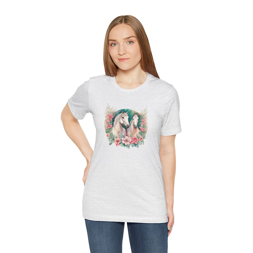 Thumbnail: Model wearing Pastel Floral Pair Horse Lover Shirt – equestrian horse shirt.