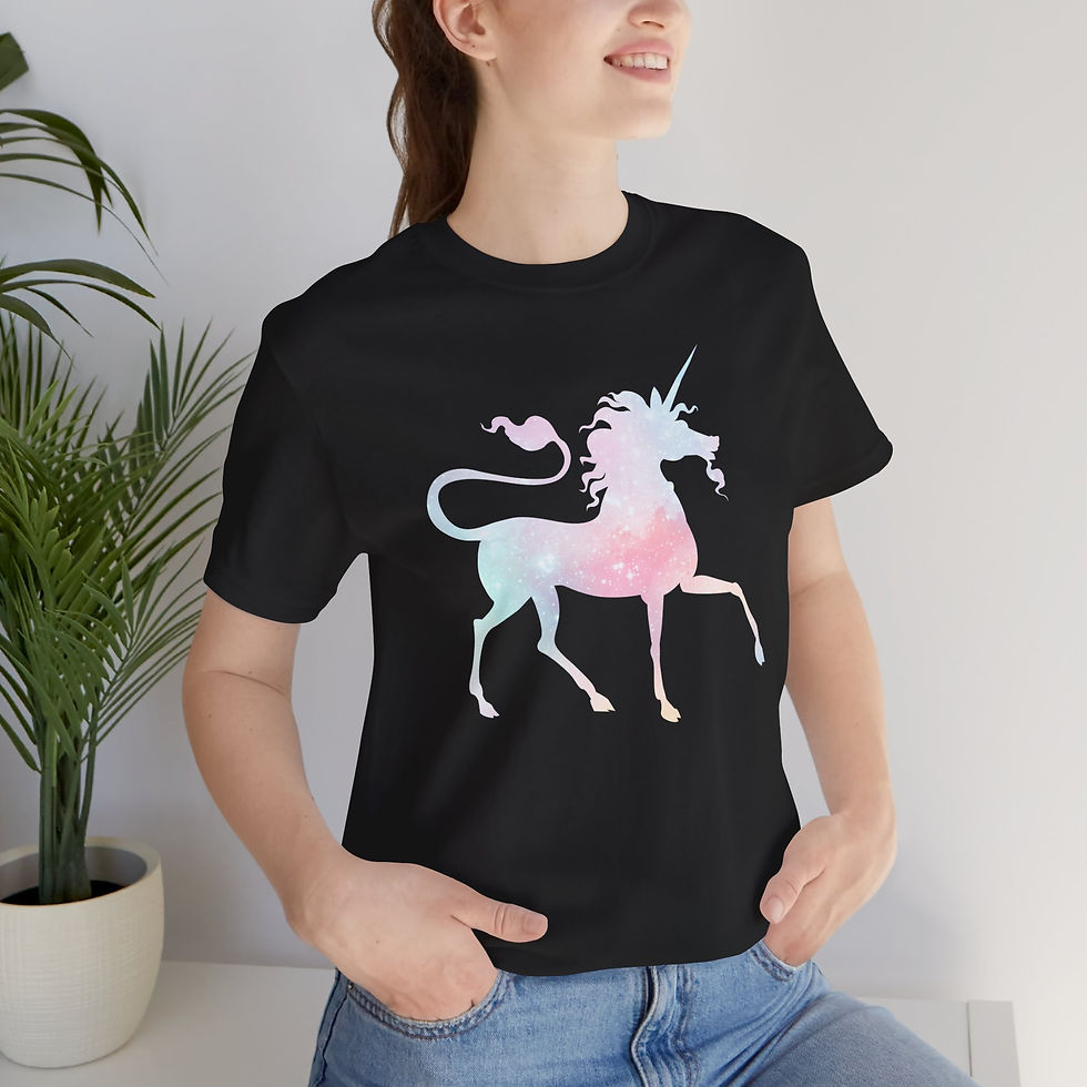 Thumbnail: Model wearing cosmic unicorn tee.