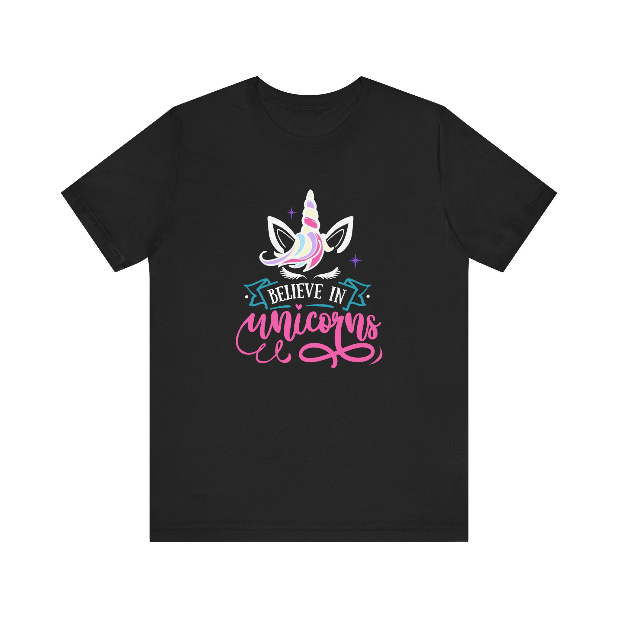 Front view of colorful unicorn face with “believe in unicorns” text – believe in unicorns shirt.