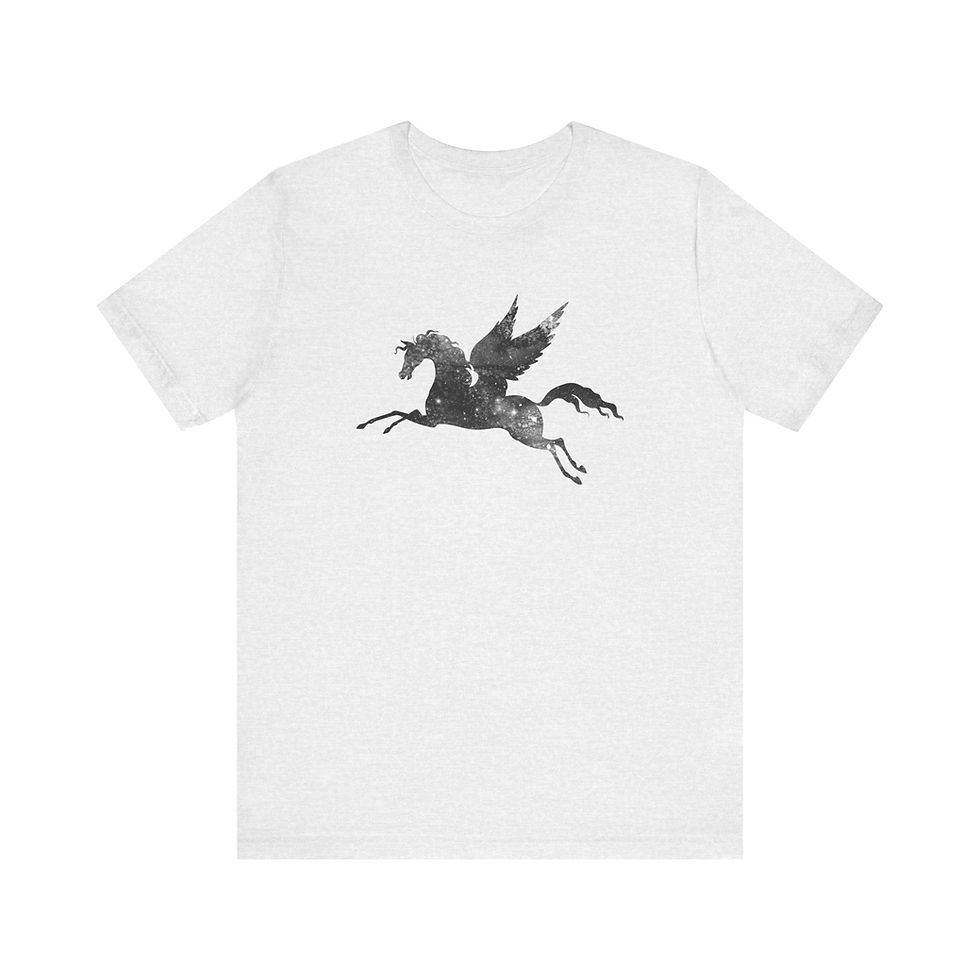 Thumbnail: Front view of flying pegasus silhouette filled with black and white galaxy starfield on white shirt.