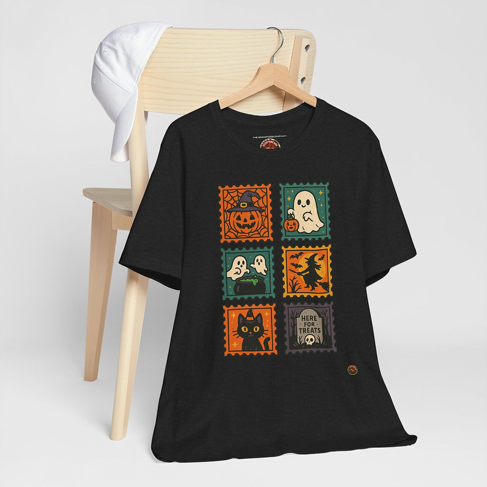 Thumbnail: Hanging view of Retro Spooky Stamps Halloween Shirt – classic Halloween art shirt.