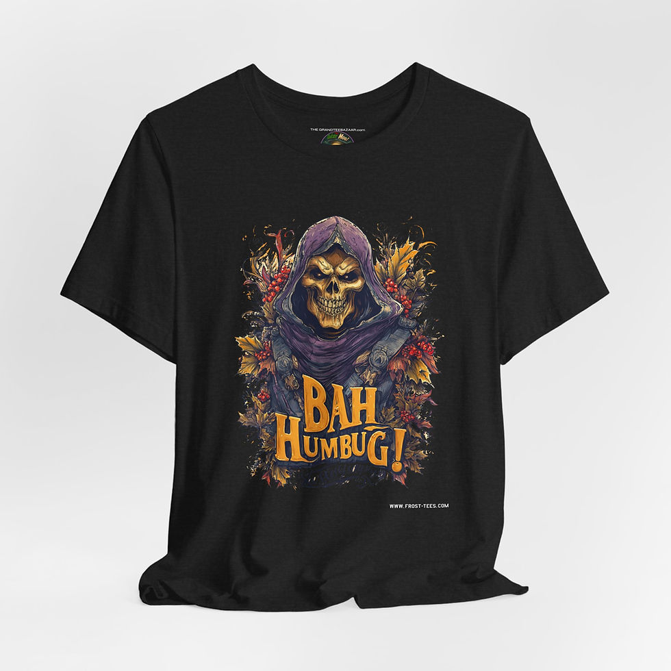 Skeletor Bah Humbug funny Christmas graphic tee front view — Frost-Tees festive apparel.