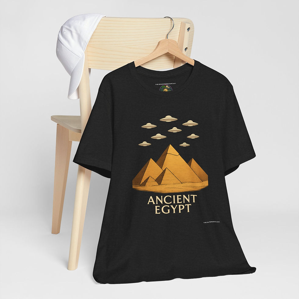 Thumbnail: Hanging view of Ancient Egypt UFO Formation Shirt – flying saucers Egypt.