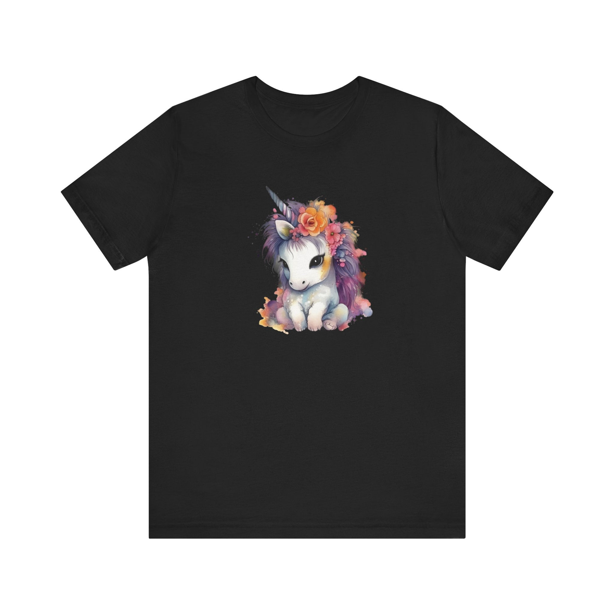 Front view of boho style unicorn with soft dark pastel tones and floral crown.