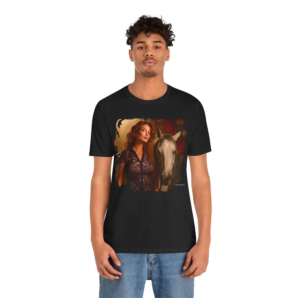 Thumbnail: Model wearing Kindred Spirits Cowgirl Horse Shirt – western horse portrait.