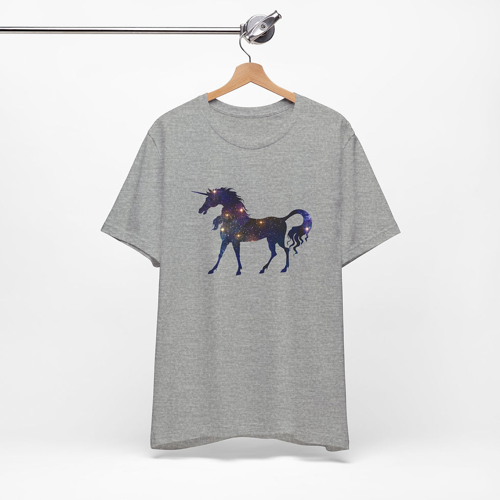 Thumbnail: Hanging view of unicorn with bright star clusters and cosmic sparkle effect on gray shirt.