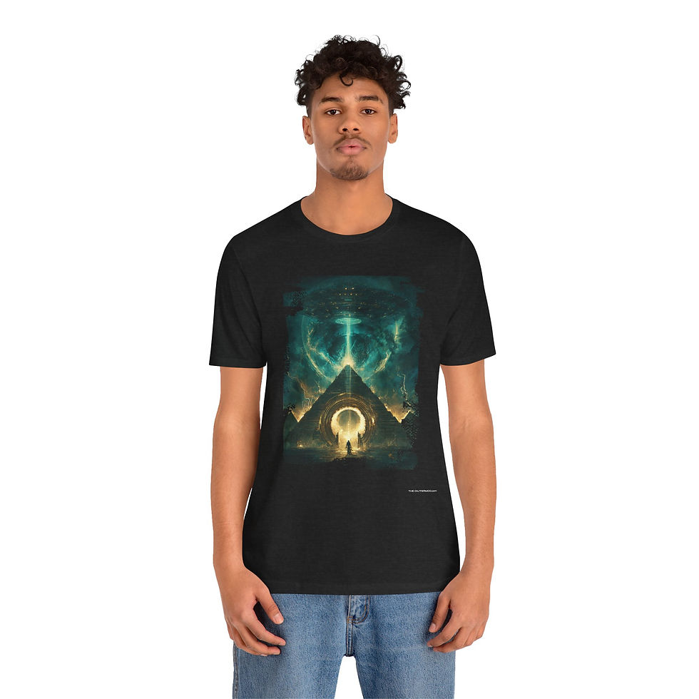 Thumbnail: Model wearing Gateway Within the Pyramid Alien Shirt – alien stargate pyramid.