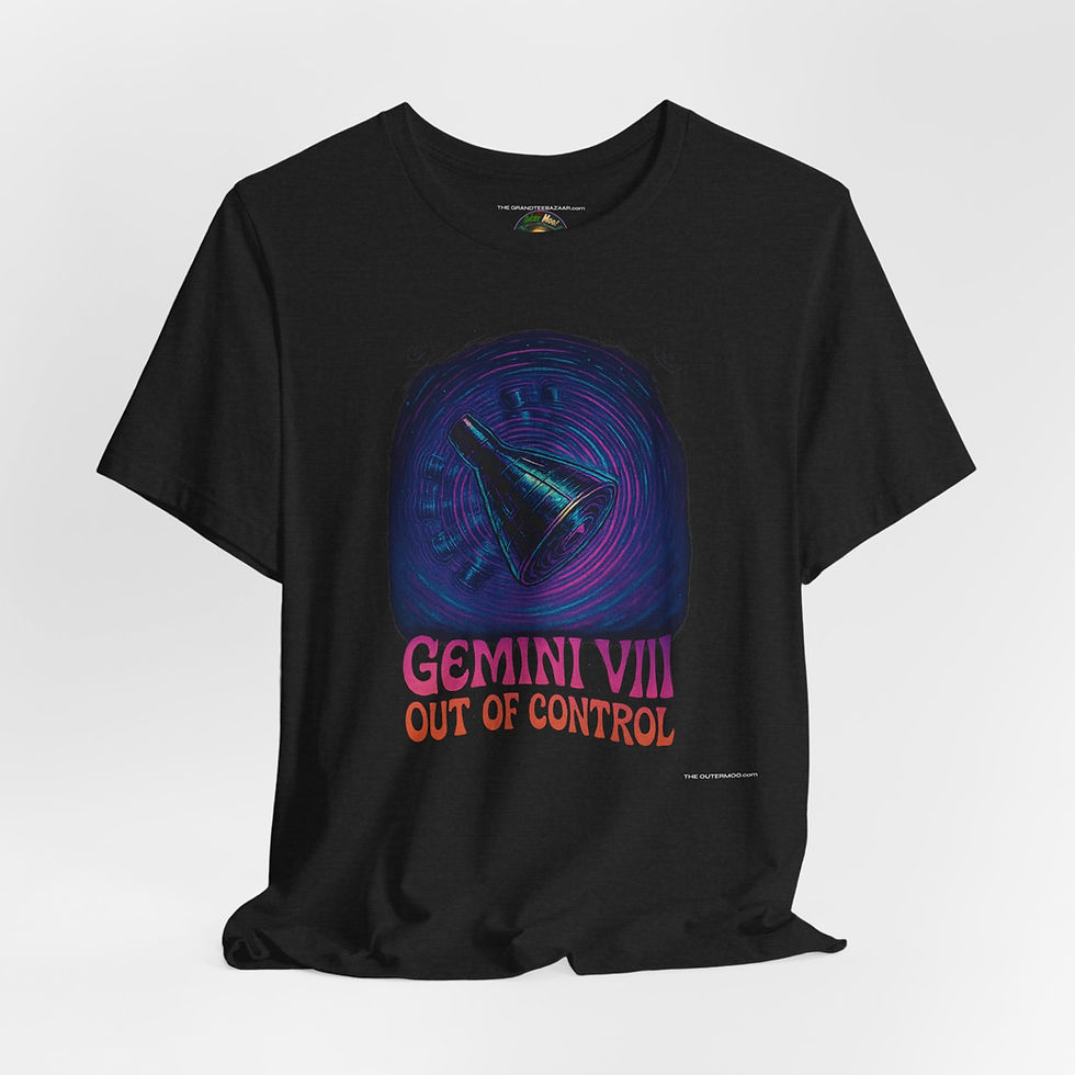 Gemini VIII Out of Control space capsule graphic in neon pink, orange, and blue front view.