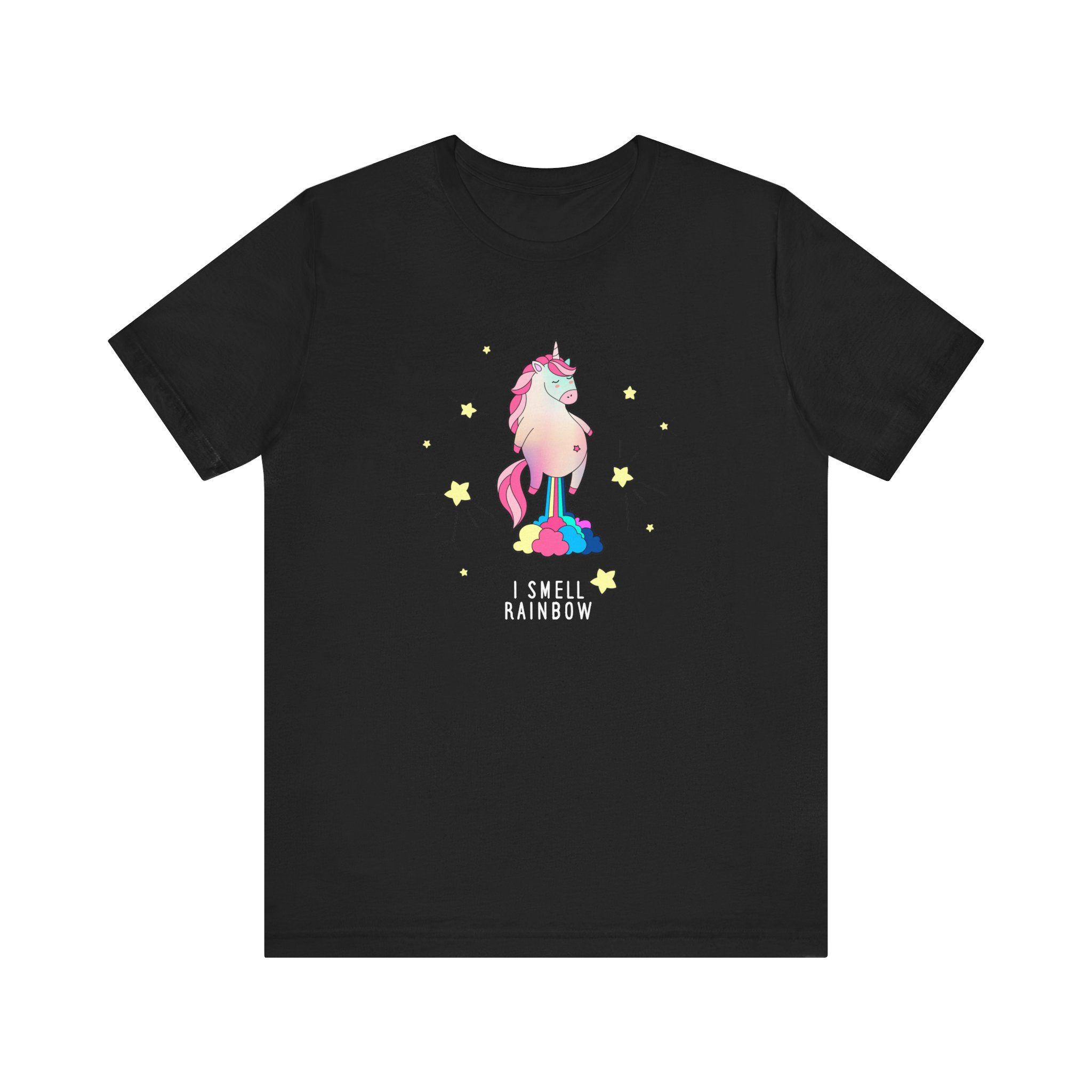 Front view of unicorn flying with rainbow trail and “I smell rainbow” text.