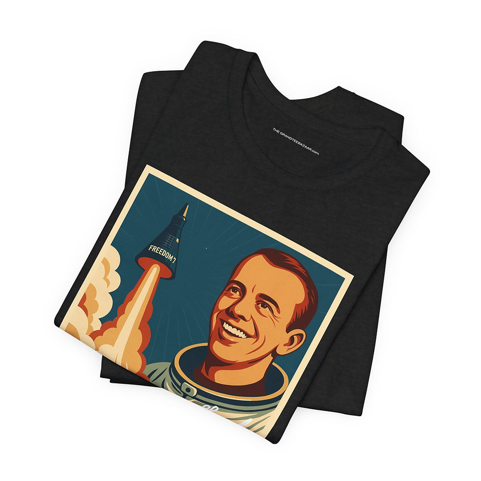 Thumbnail: Flat lay of Alan Shepard America’s First Space Voyage black unisex cotton graphic tee – The OuterMoo.