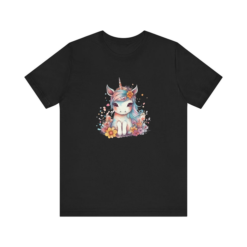 Front view of cute unicorn with colorful flowers and big eyes in boho style.