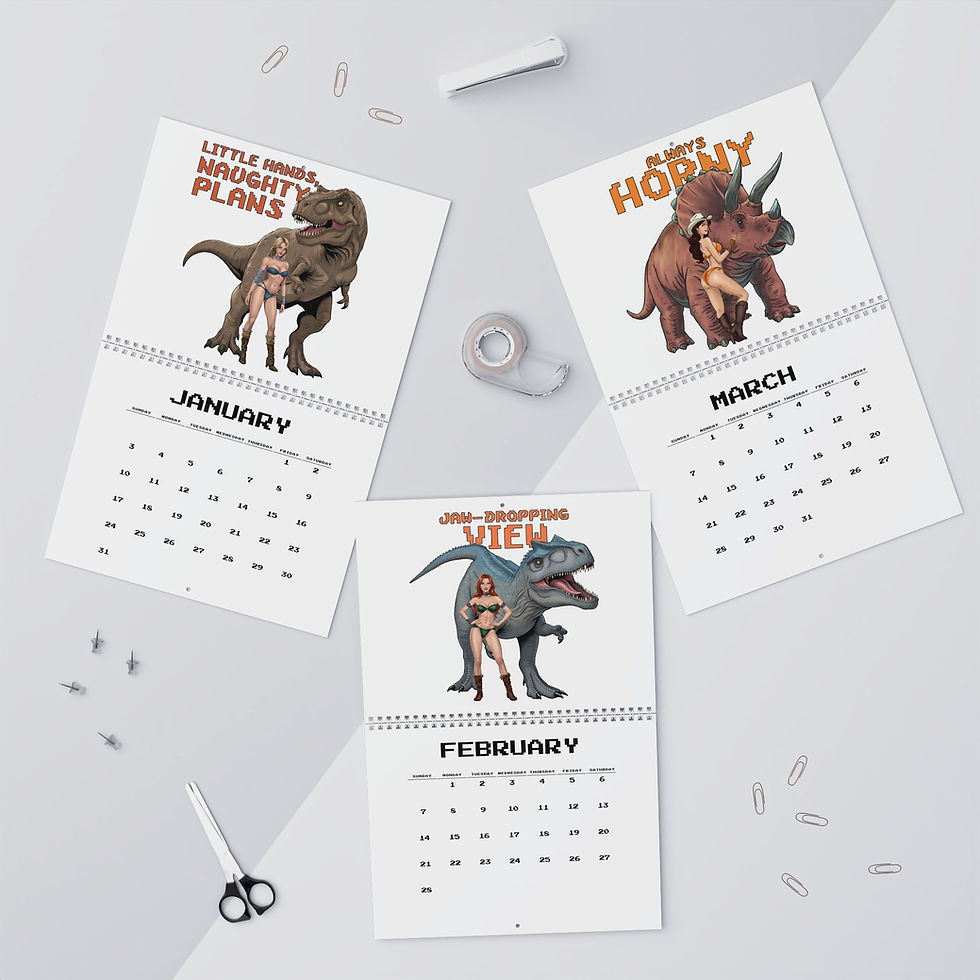Thumbnail: January, February, March 2027 calendar pages showing funny dinosaur-themed artwork.
