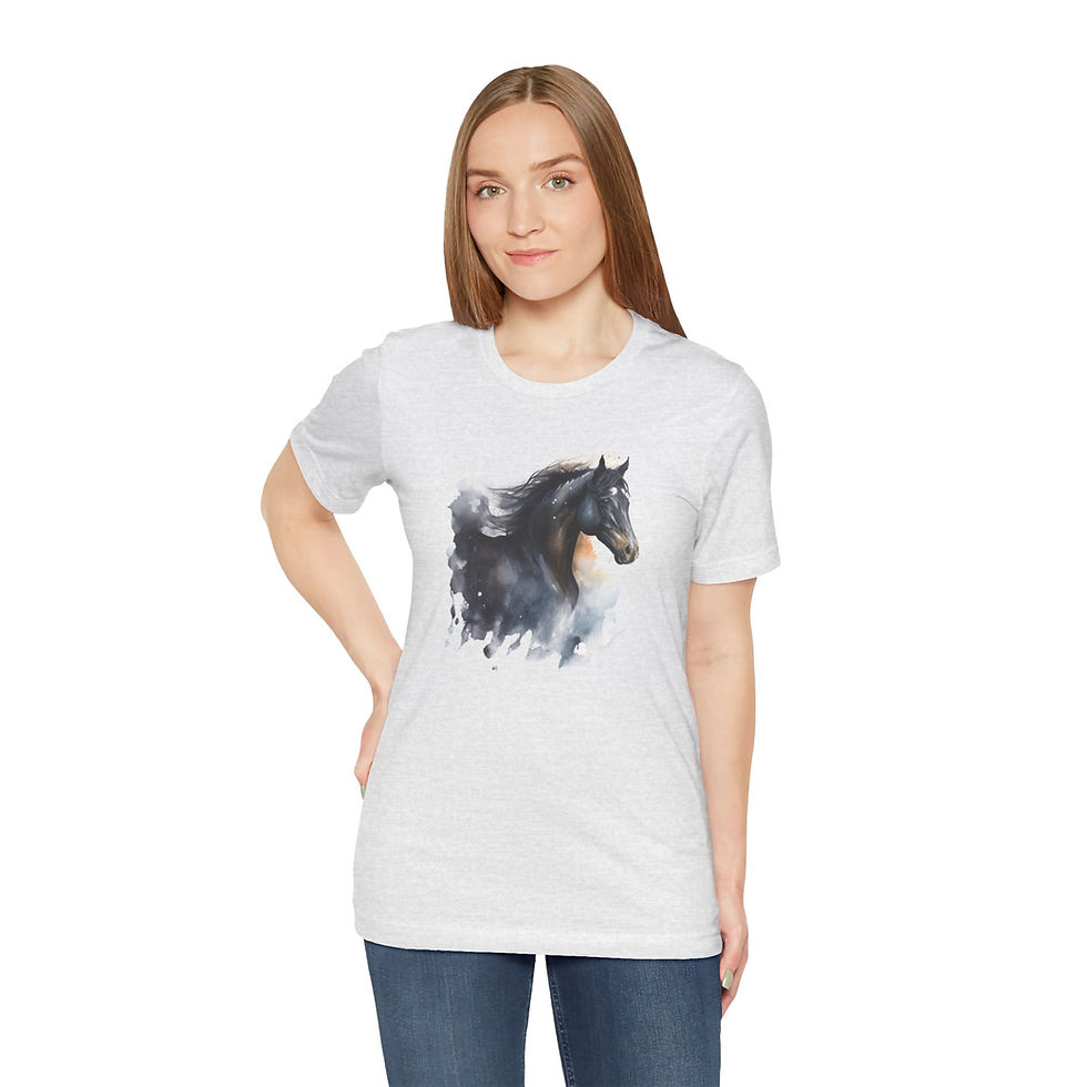 Thumbnail: Model wearing Midnight Mist Watercolor Horse Shirt – smoky watercolor horse.