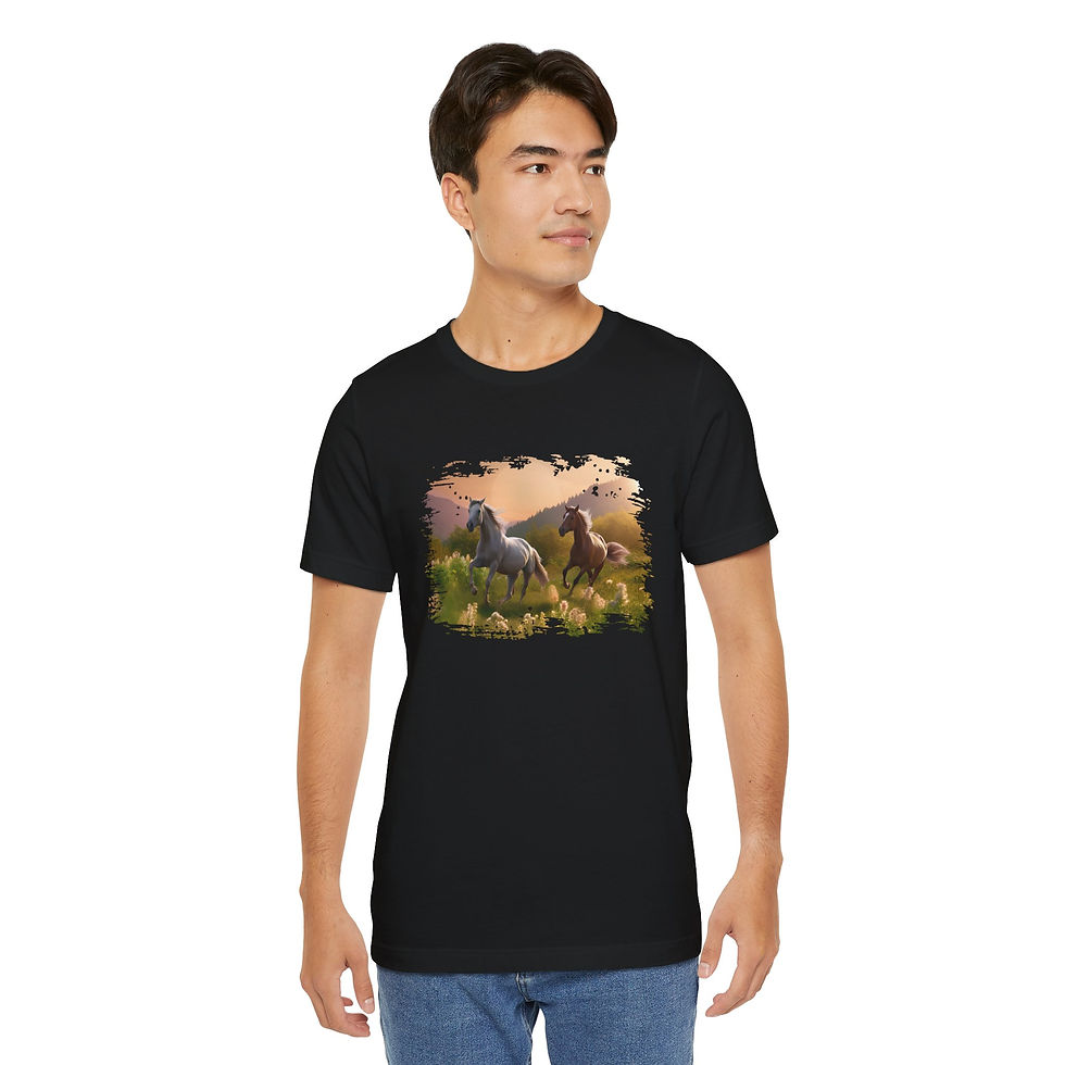 Thumbnail: Model wearing Meadow Run Wild Horses Shirt – free running horses.