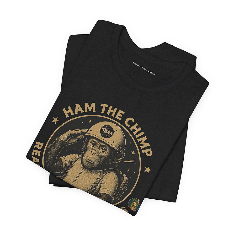 Thumbnail: Flat lay of Ham the Chimp Reaching for the Stars black unisex cotton graphic tee – The OuterMoo.