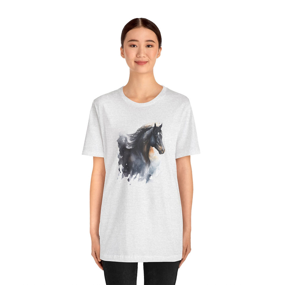 Thumbnail: Model wearing Midnight Mist Watercolor Horse Shirt – abstract horse design.