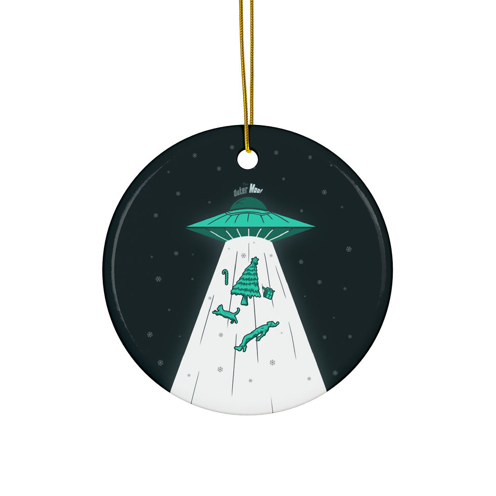 Close-up of teal-and-white ornament artwork showing Christmas tree, cat, candy cane, gift being abducted by a UFO.