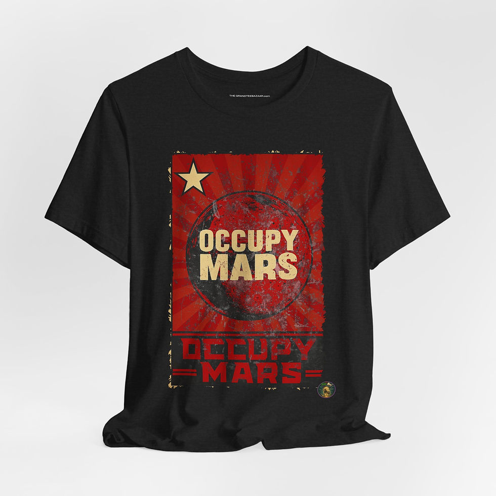 Occupy Mars Sci-Fi Poster Shirt, Distressed Variant front view – Grunge Sci-Fi Poster Shirt.