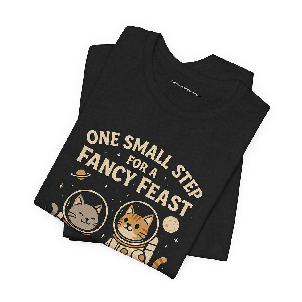 Thumbnail: Flat lay of One Small Step for Fancy Feast black unisex cotton graphic tee – The OuterMoo.
