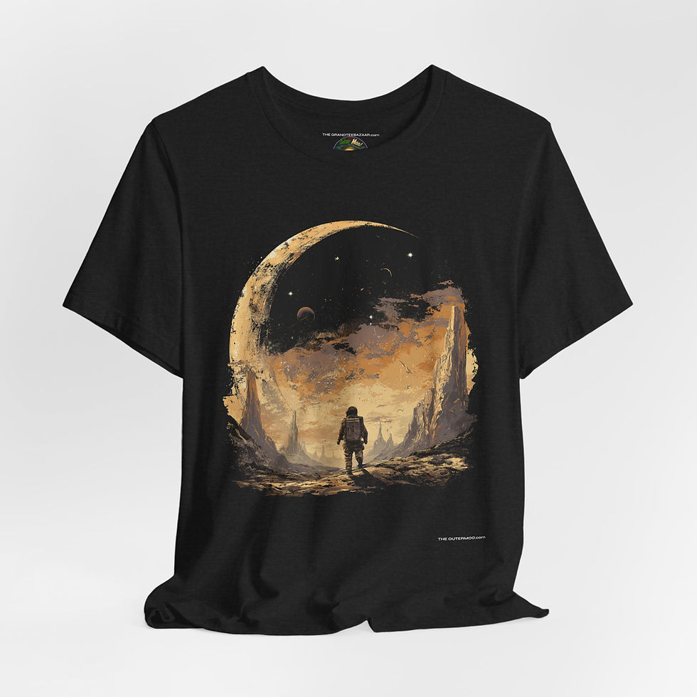 Space Horizon graphic tee front view – The OuterMoo astronaut on alien landscape under bright moon.