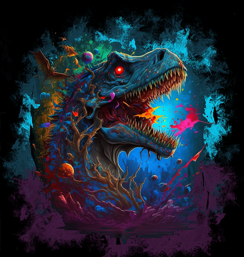 Surreal psychedelic T-Rex with glowing red eye and swirling cosmic blue, teal, purple, pink, orange on a black background.