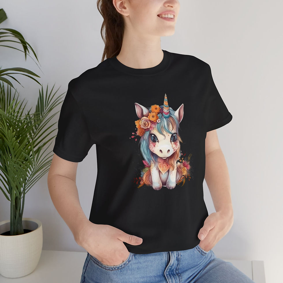 Thumbnail: Model wearing boho unicorn illustration.
