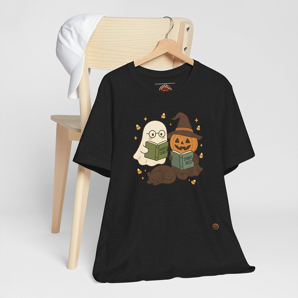 Thumbnail: Hanging view of Spooky Tales Reading Ghost Shirt – book club Halloween shirt.