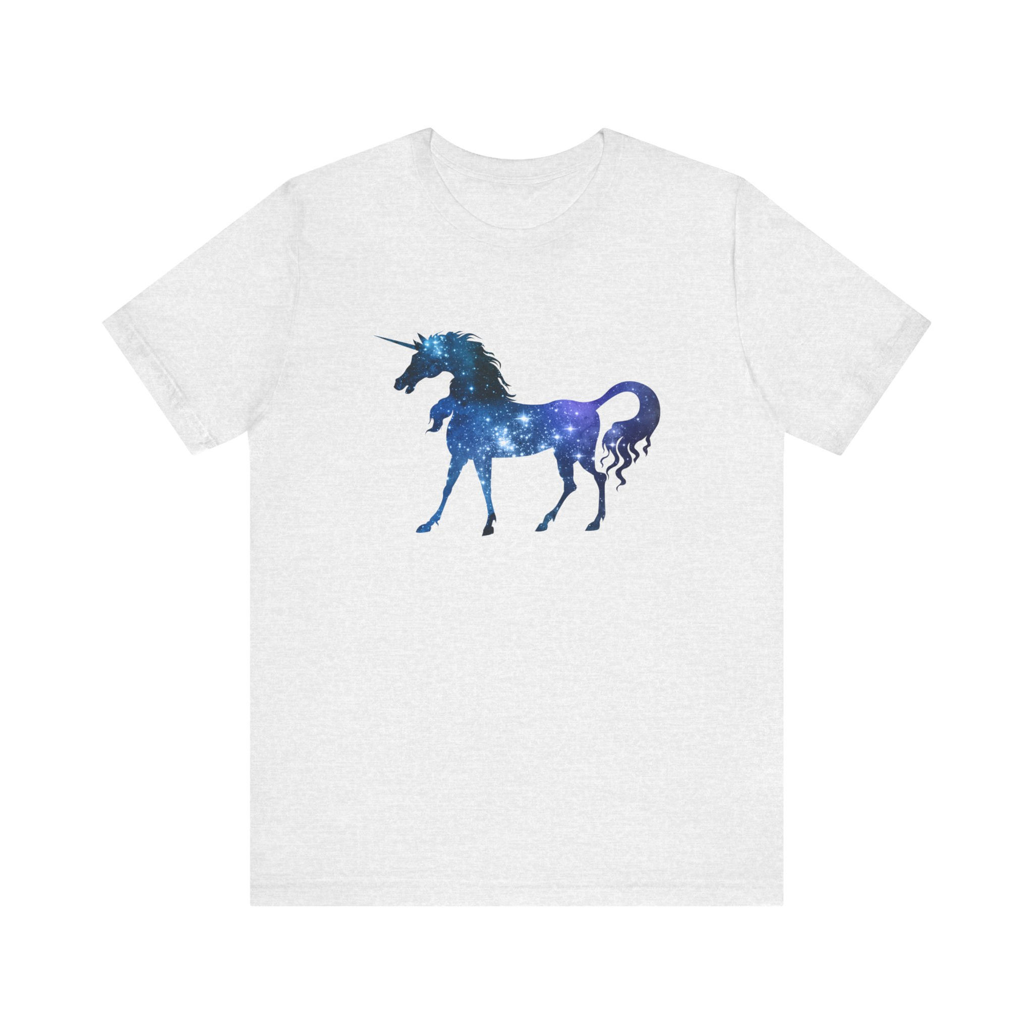 Standing unicorn silhouette filled with deep blue starfield galaxy on white shirt.