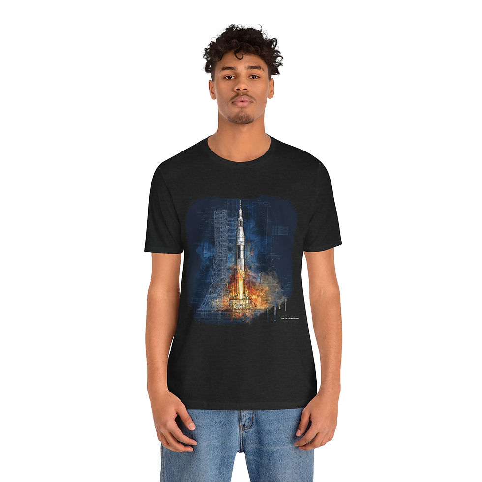 Thumbnail: Model wearing Apollo Rocket Blueprint graphic tee by The OuterMoo – vintage mission diagram design.