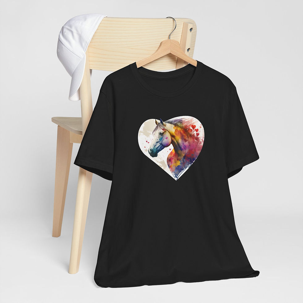 Thumbnail: Hanging view of watercolor horse love shirt – horse heart shirt.