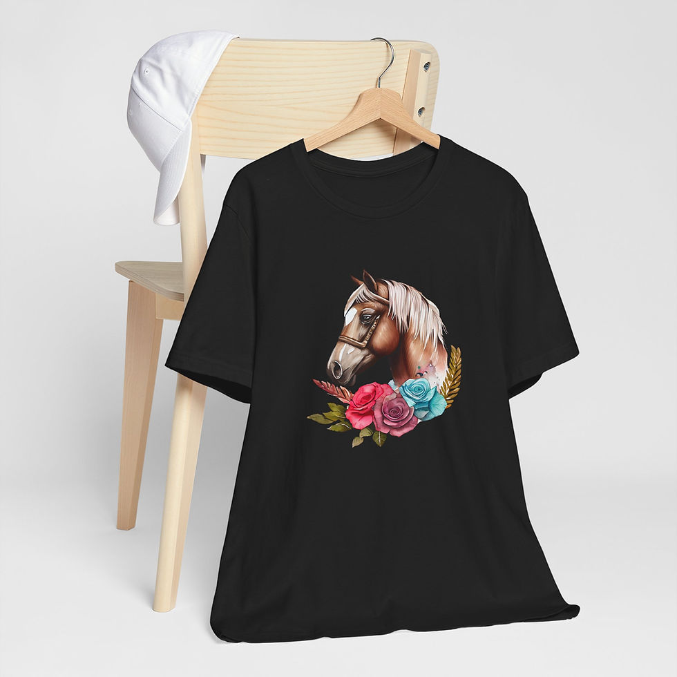 Thumbnail: Hanging view of Blush & Teal Floral Horse Shirt – rose horse design.