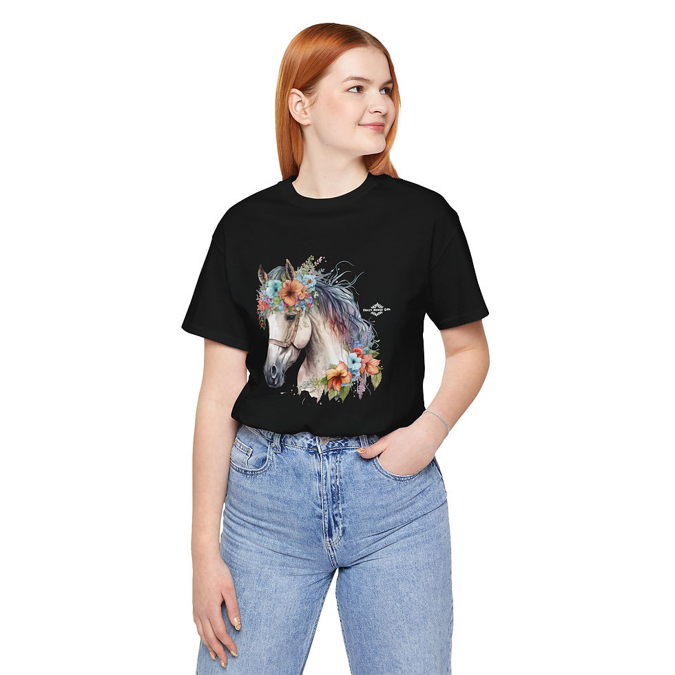 Thumbnail: Model wearing Spring Harmony Floral Horse Shirt – botanical horse tee.