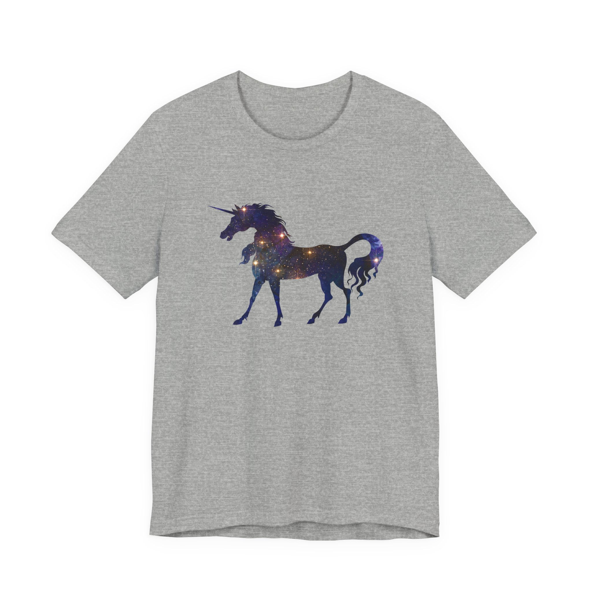 Standing unicorn silhouette filled with galaxy stars and glowing highlights on gray shirt.