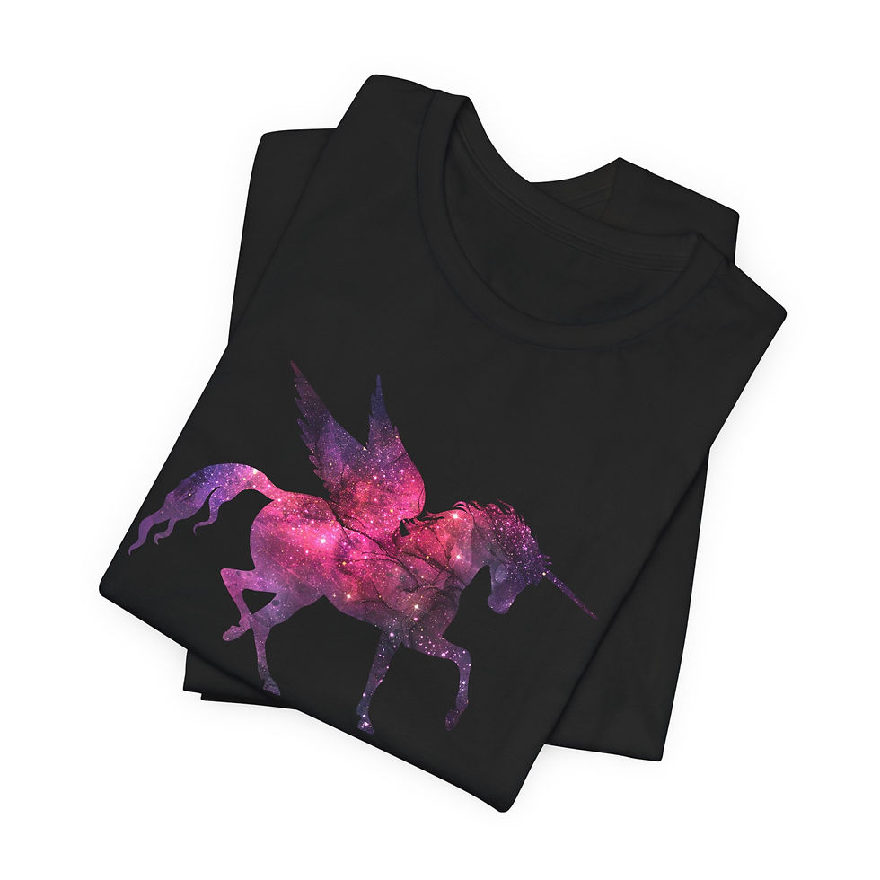 Thumbnail: Folded view of pink galaxy unicorn on black shirt.