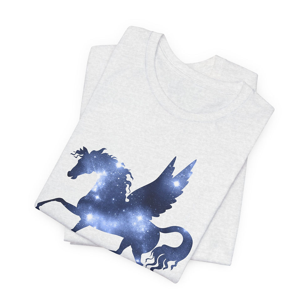 Folded view of winged horse with glowing white and blue stars on white shirt.