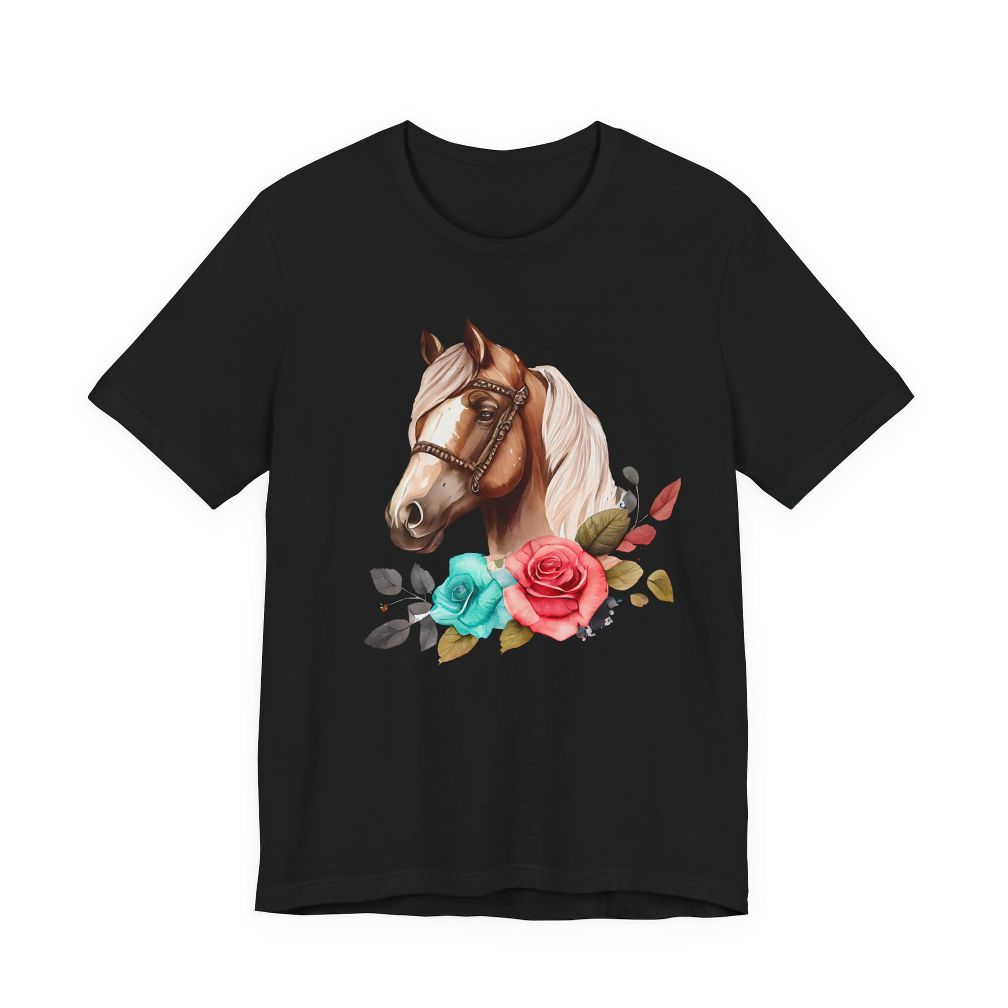 Front view of Coral Bloom Floral Horse Shirt – horse portrait with coral and turquoise roses.