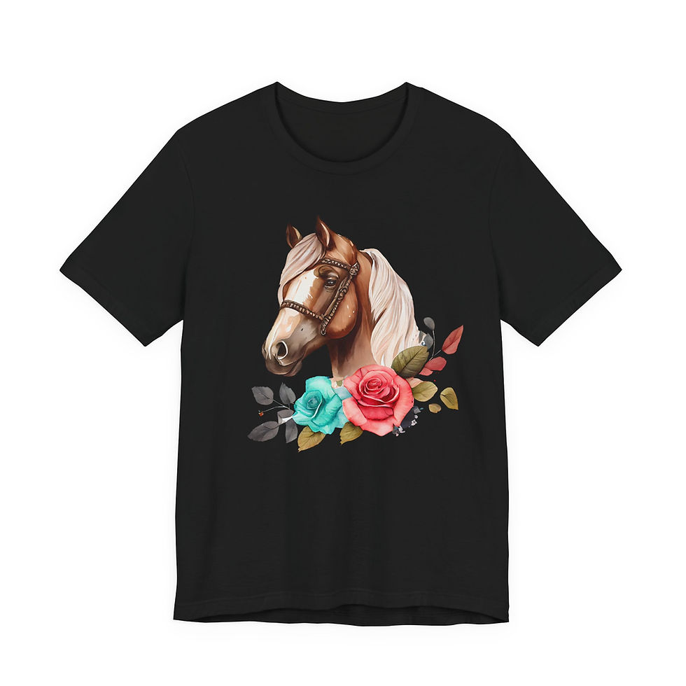 Front view of Coral Bloom Floral Horse Shirt – horse portrait with coral and turquoise roses.