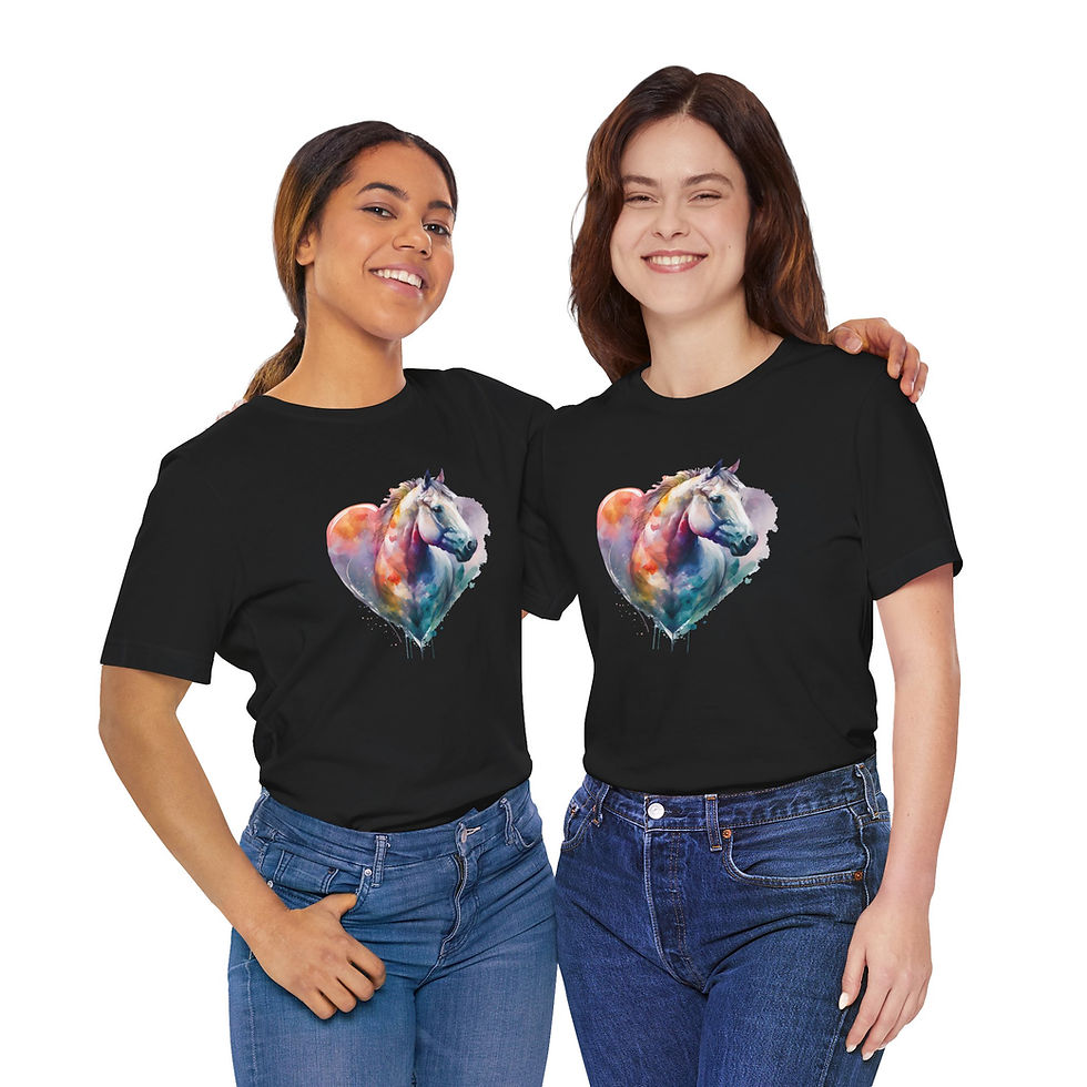 Thumbnail: Models wearing watercolor heart horse shirt – horse girl shirt.