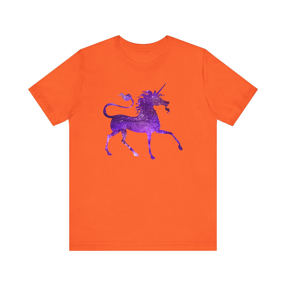 Thumbnail: Front view of galaxy unicorn shirt on orange shirt.