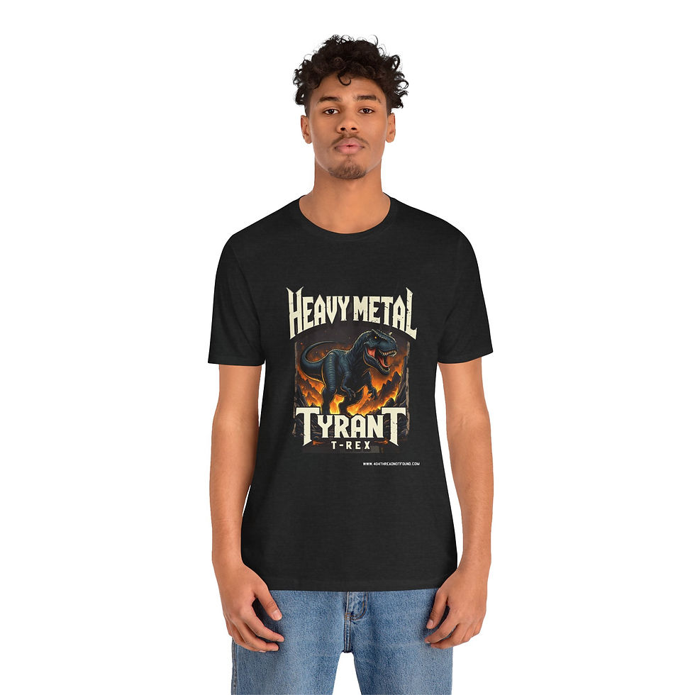 Thumbnail: Model wearing heavy metal tyrant T. rex tee.