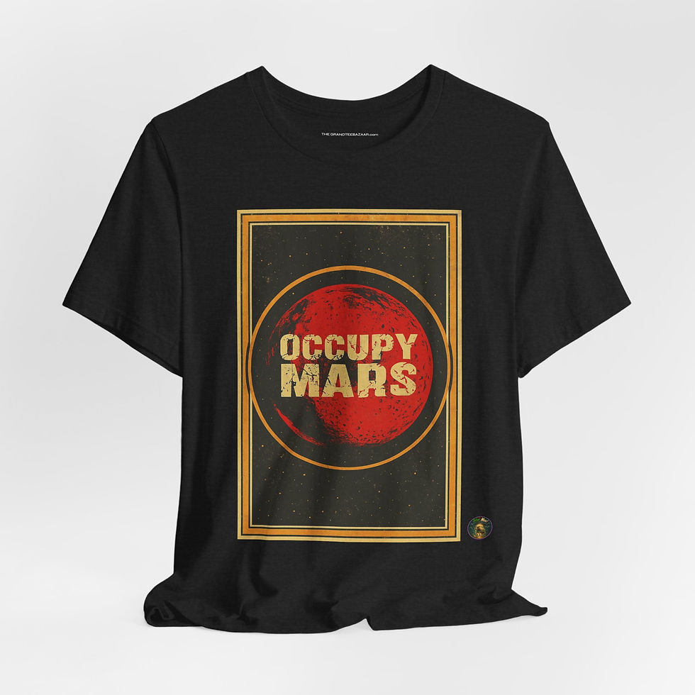 Occupy Mars Sci-Fi Poster Shirt, Emblem Variant front view – Space Exploration Shirt.